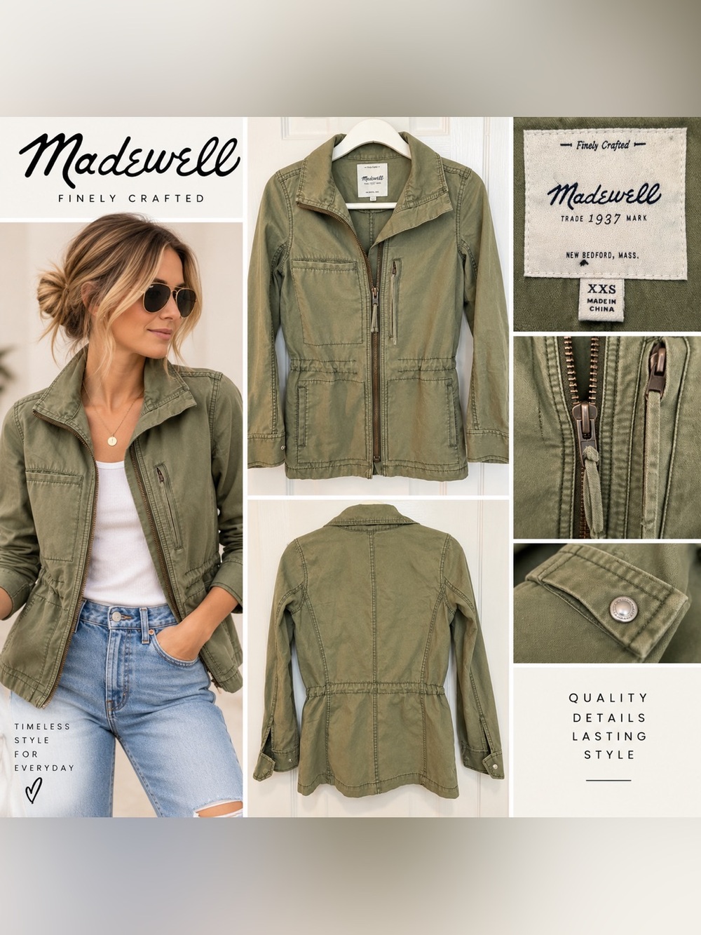 Madewell Olive Green Utility Field Jacket XXS Military Moto Zip Cotton